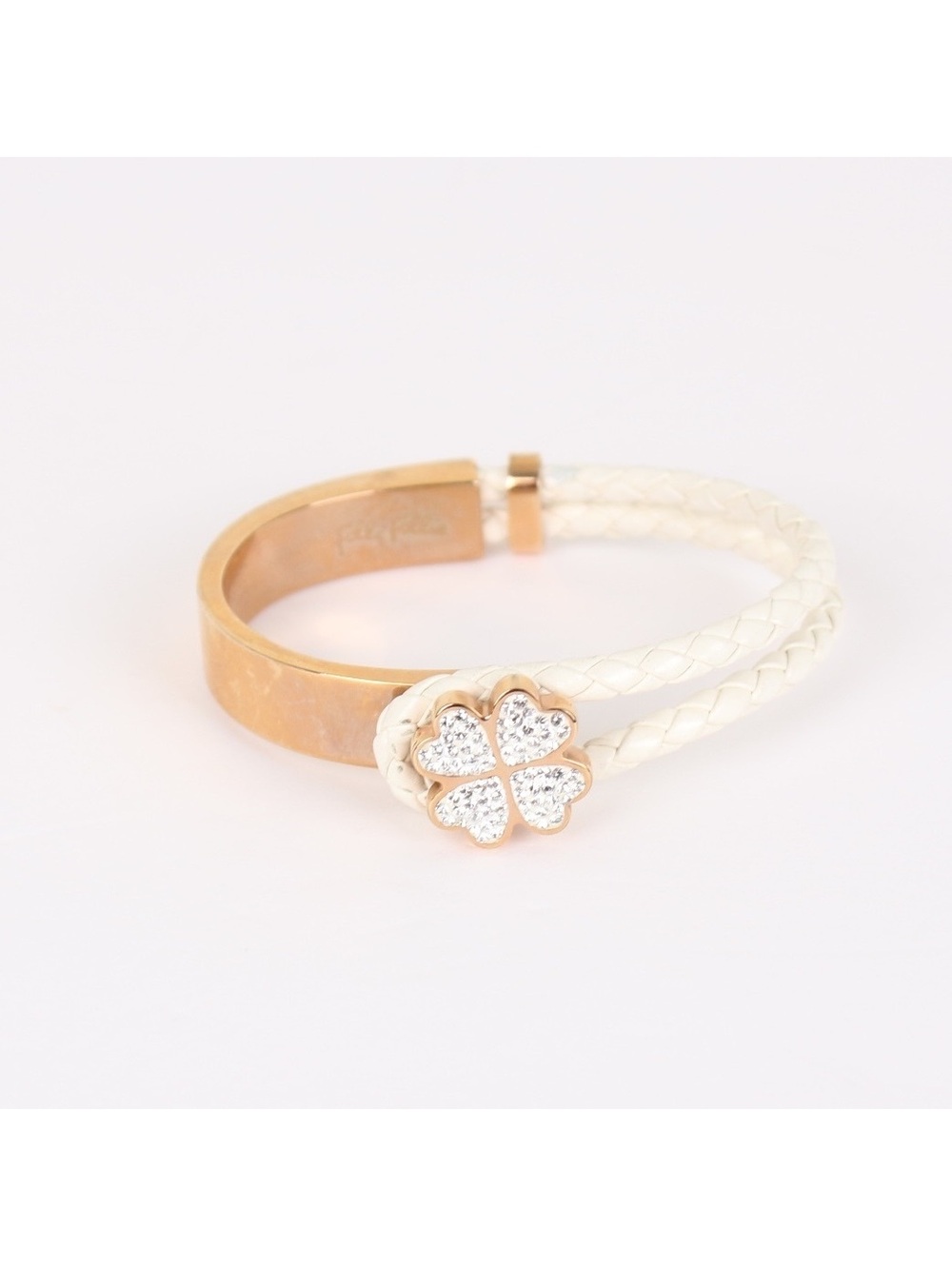 Folli Follie Rose Gold & White Leather Braided Clover Crystal Bangle Bracelet